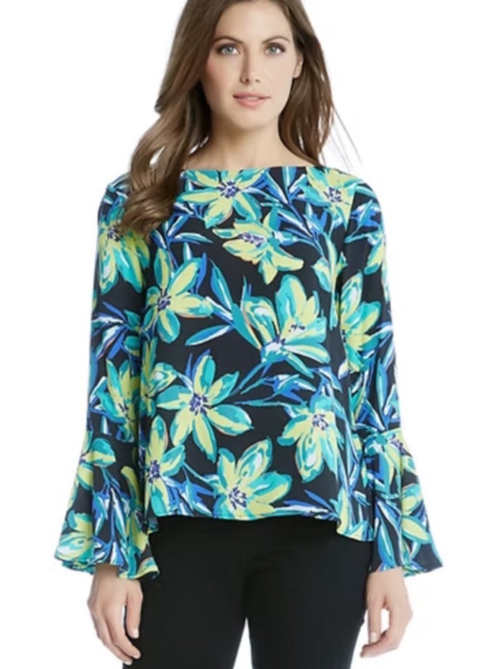 Karen Kane Floral Bell-Sleeve Blouse - Navy, Blue & Yellow